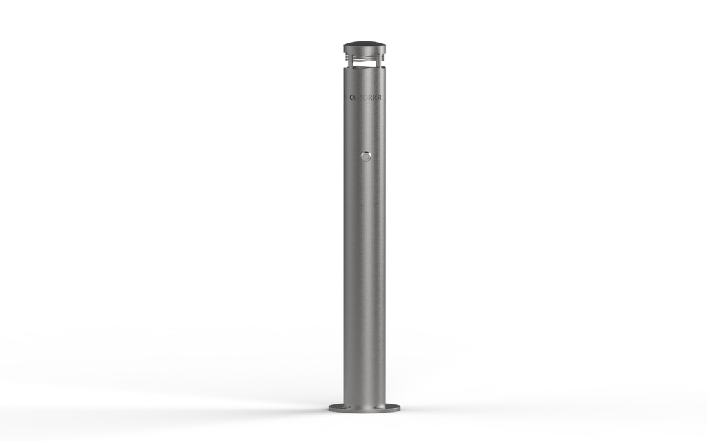 Cendrier borne inox 316L brossé, diamètre 114 mm, hauteur 1000 mm, sur platine.